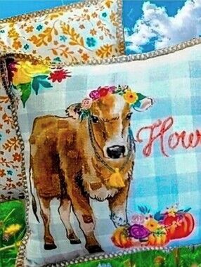NWT. Pair of Pioneer Woman Cow Howdy Floral Gingham Throw Pillows. Rustic.